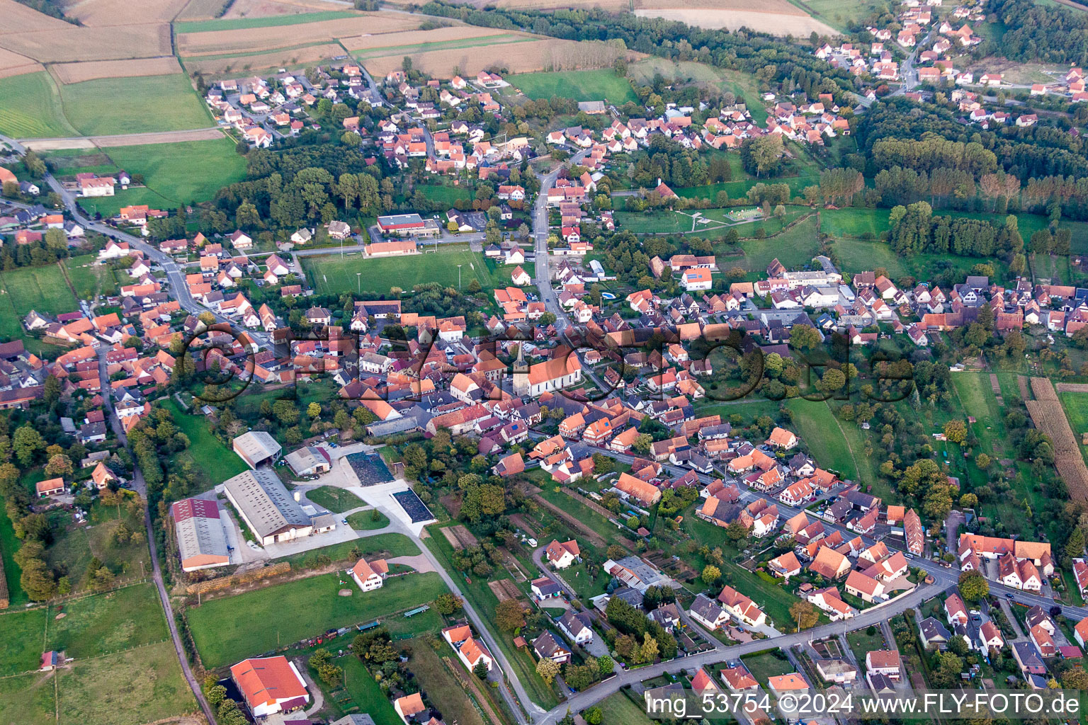 Champs agricoles et surfaces utilisables à Riedseltz dans le département Bas Rhin, France d'en haut