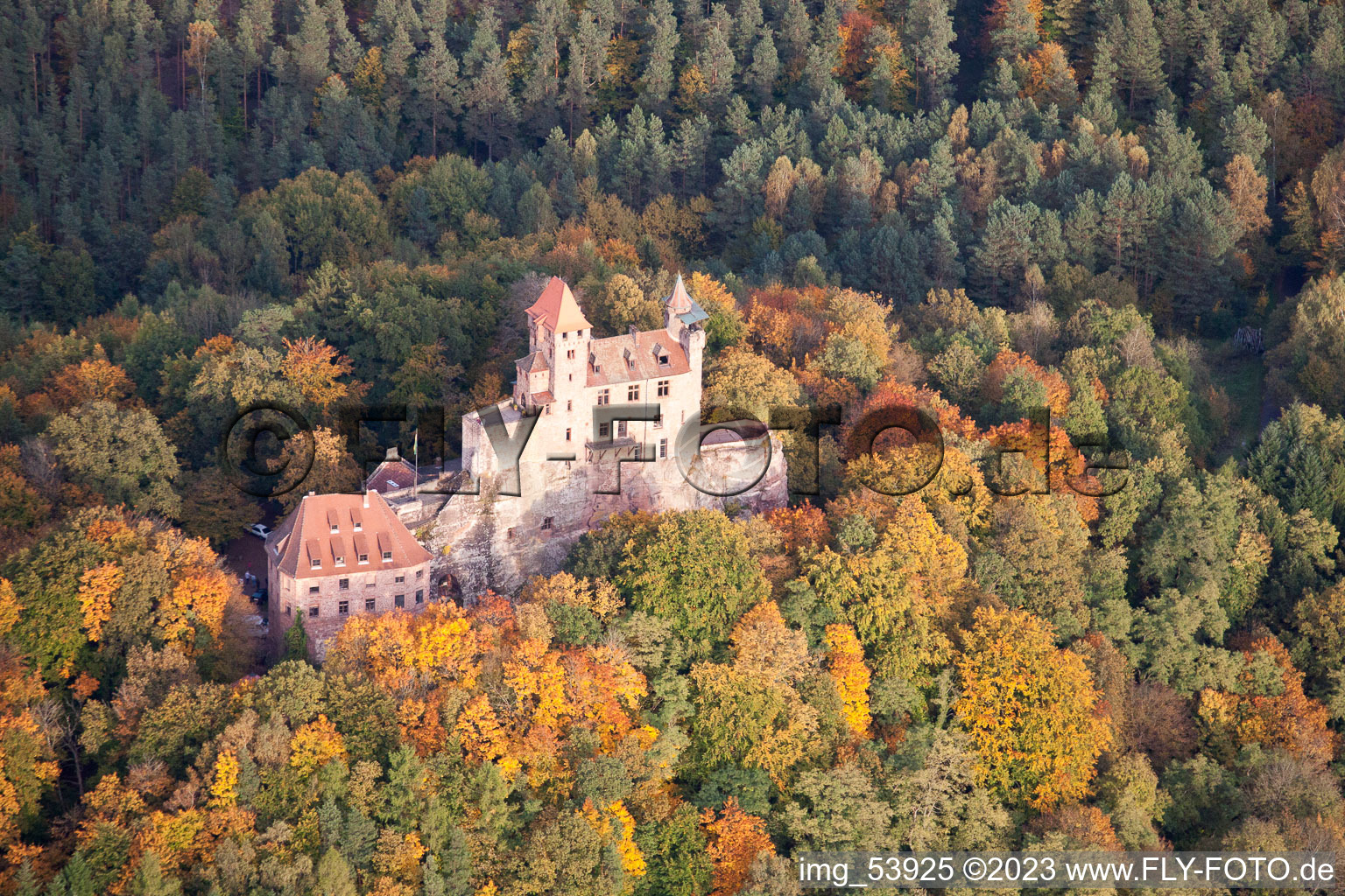 Vue aérienne de Château de Berwartstein à Erlenbach bei Dahn dans le département Rhénanie-Palatinat, Allemagne