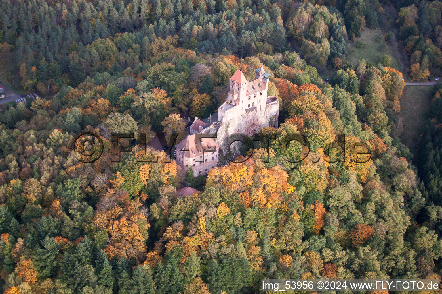 Château de Berwartstein à Erlenbach bei Dahn dans le département Rhénanie-Palatinat, Allemagne depuis l'avion