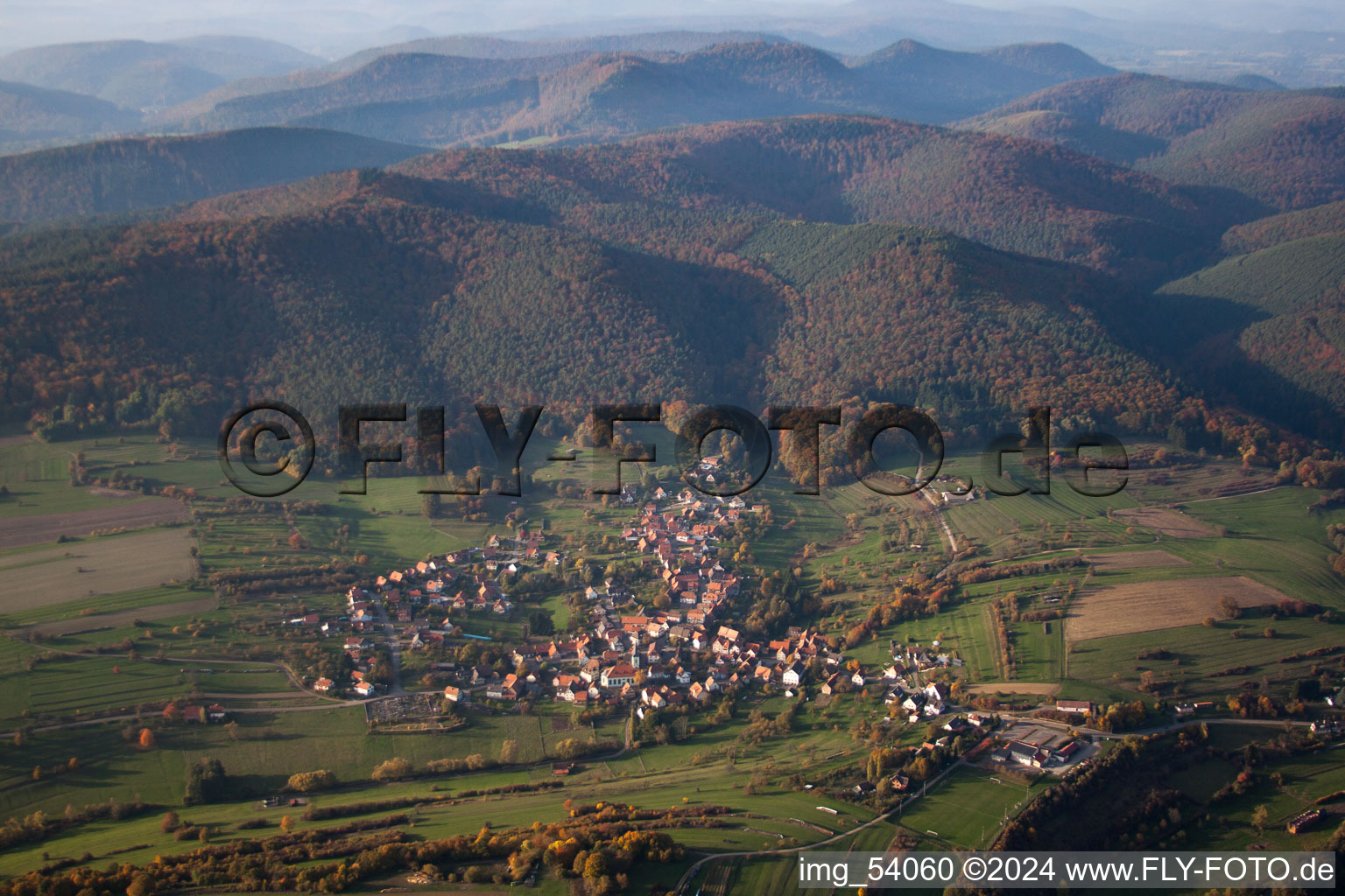 Vue aérienne de Vue des rues et des maisons des quartiers résidentiels à Wingen dans le département Bas Rhin, France