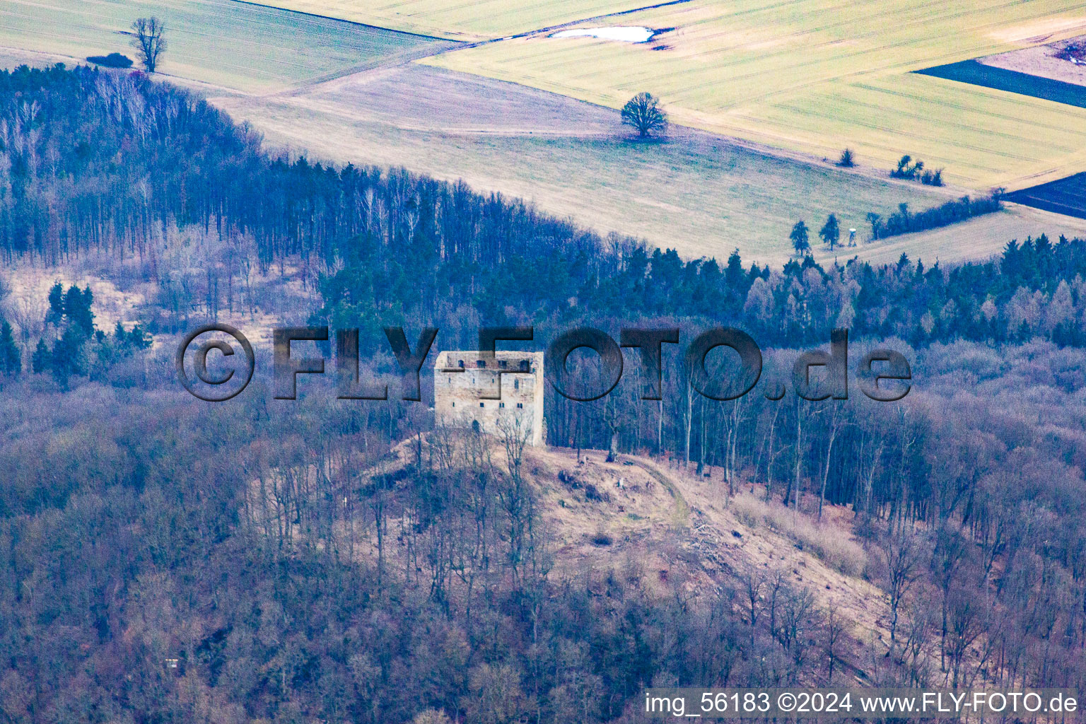 Vue aérienne de Vestiges des murs de l'ancien complexe du château, ruines du château Straufhain à Straufhain dans le département Thuringe, Allemagne