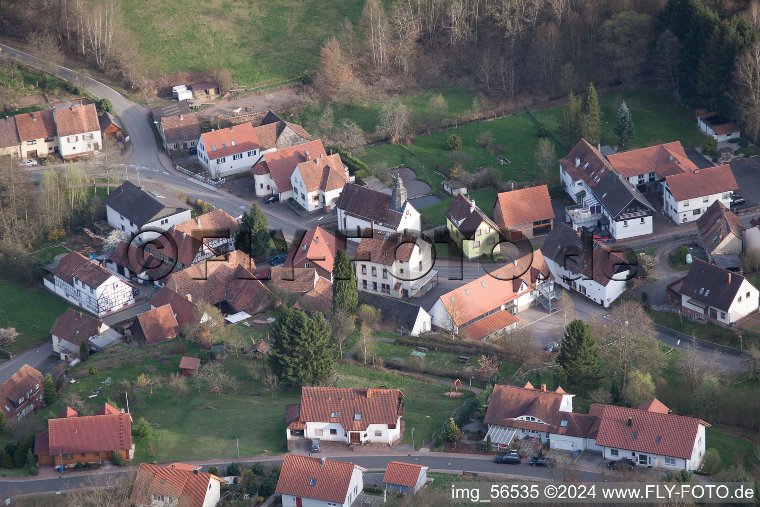 Vue aérienne de Jour de l'Assomption à Erlenbach bei Dahn dans le département Rhénanie-Palatinat, Allemagne