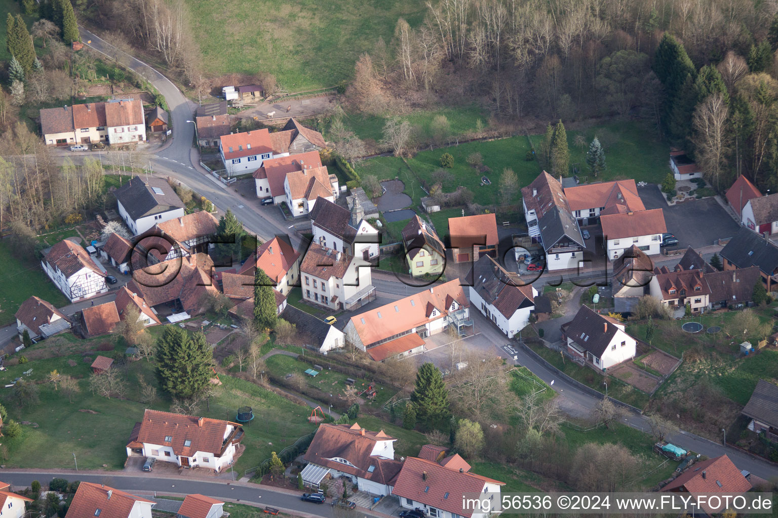 Vue aérienne de Jour de l'Assomption à Erlenbach bei Dahn dans le département Rhénanie-Palatinat, Allemagne