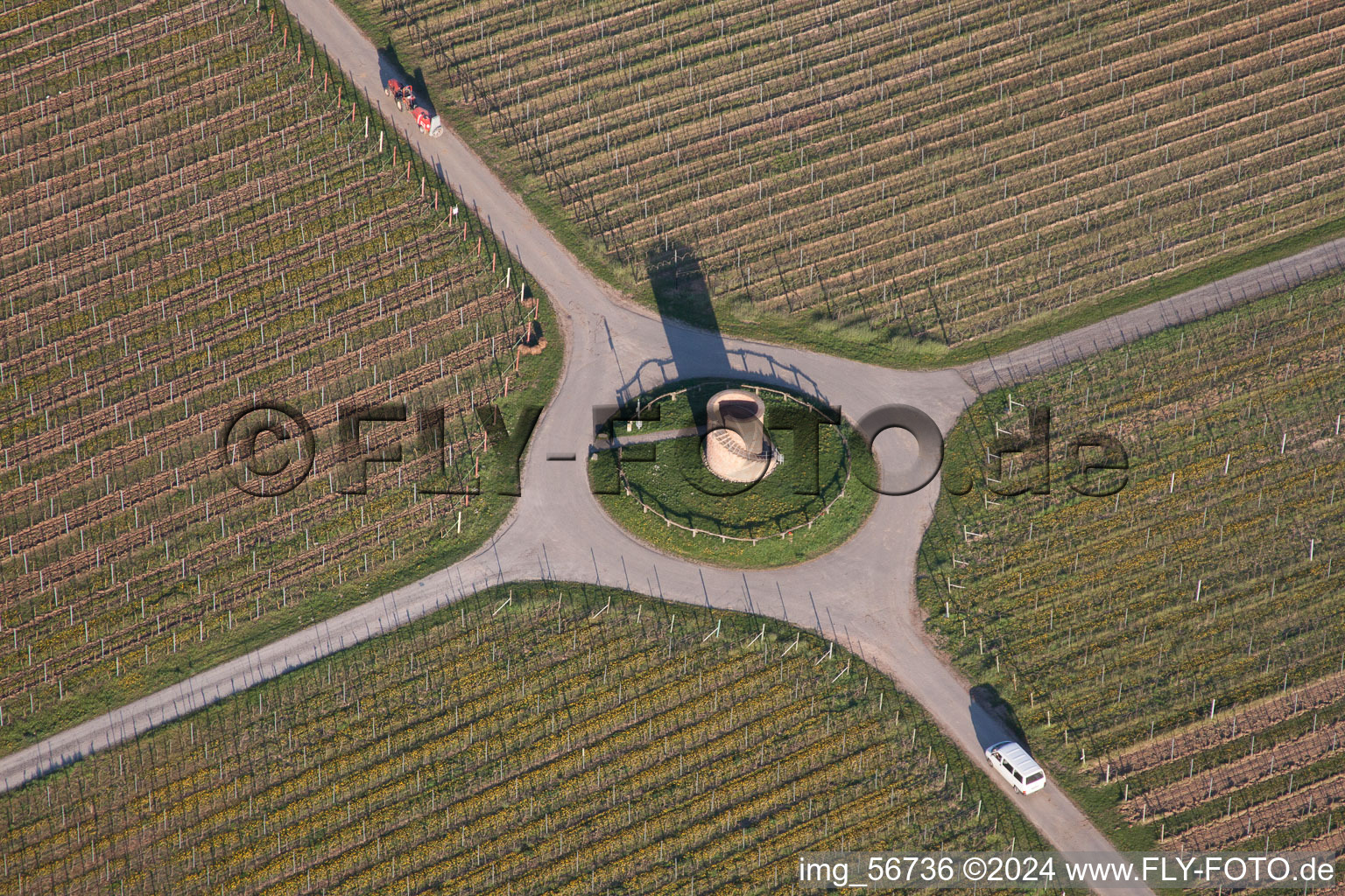 Vue aérienne de Paysage viticole des domaines viticoles avec tour en grès - Winzerturm (Palatinat) à Hochstadt dans le département Rhénanie-Palatinat, Allemagne
