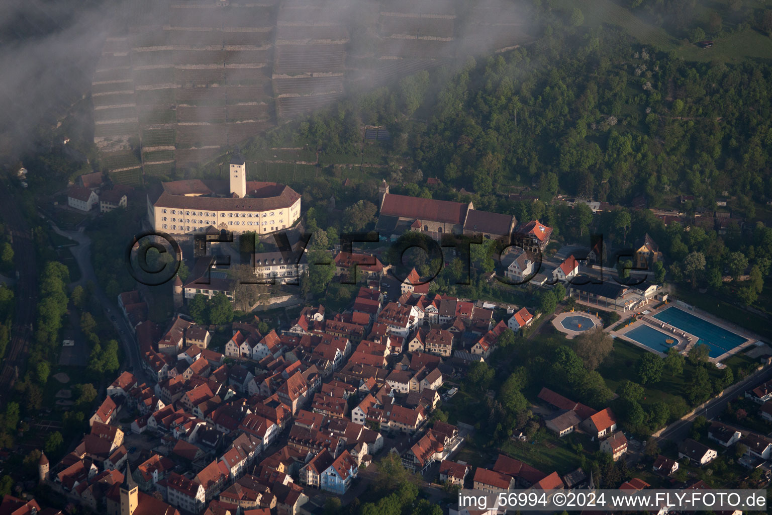 Vue aérienne de Château de Horneck dans le brouillard du matin à le quartier Michaelsberg in Gundelsheim dans le département Bade-Wurtemberg, Allemagne