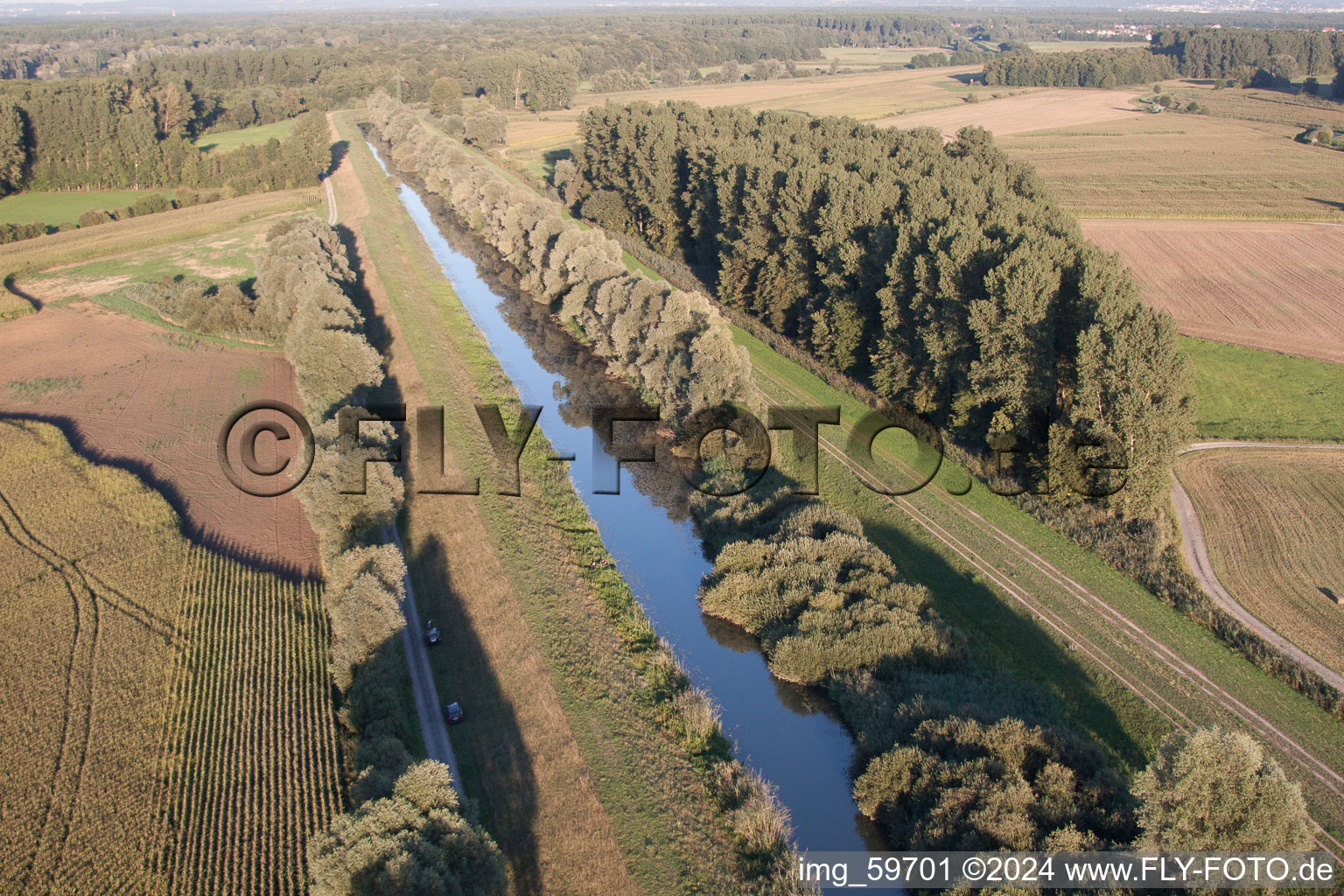 Vue aérienne de Tracé du canal et zones de berges de la voie navigable du canal de Saalbach à le quartier Rußheim in Dettenheim dans le département Bade-Wurtemberg, Allemagne