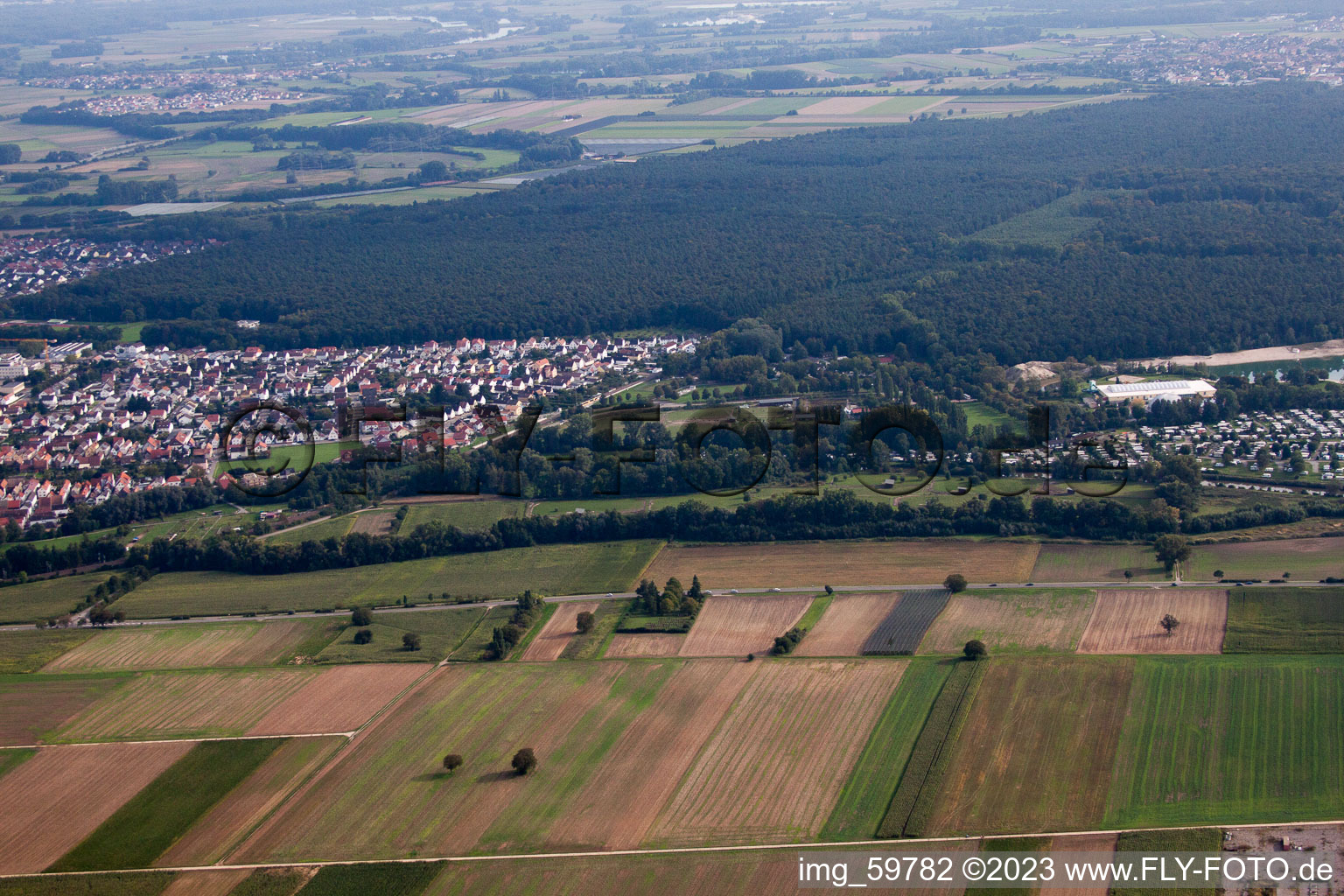 Vue aérienne de Ferme d'autruches Mhou à la base de loisirs Moby Dick à Rülzheim dans le département Rhénanie-Palatinat, Allemagne