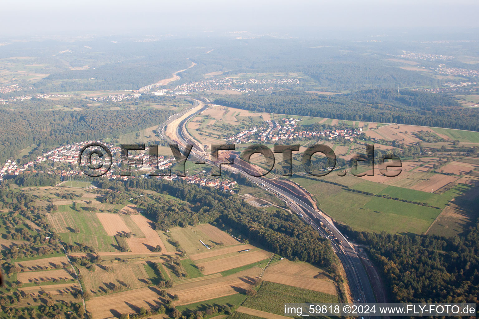 Vue aérienne de Mütschelbach, chantier A6 à le quartier Untermutschelbach in Karlsbad dans le département Bade-Wurtemberg, Allemagne