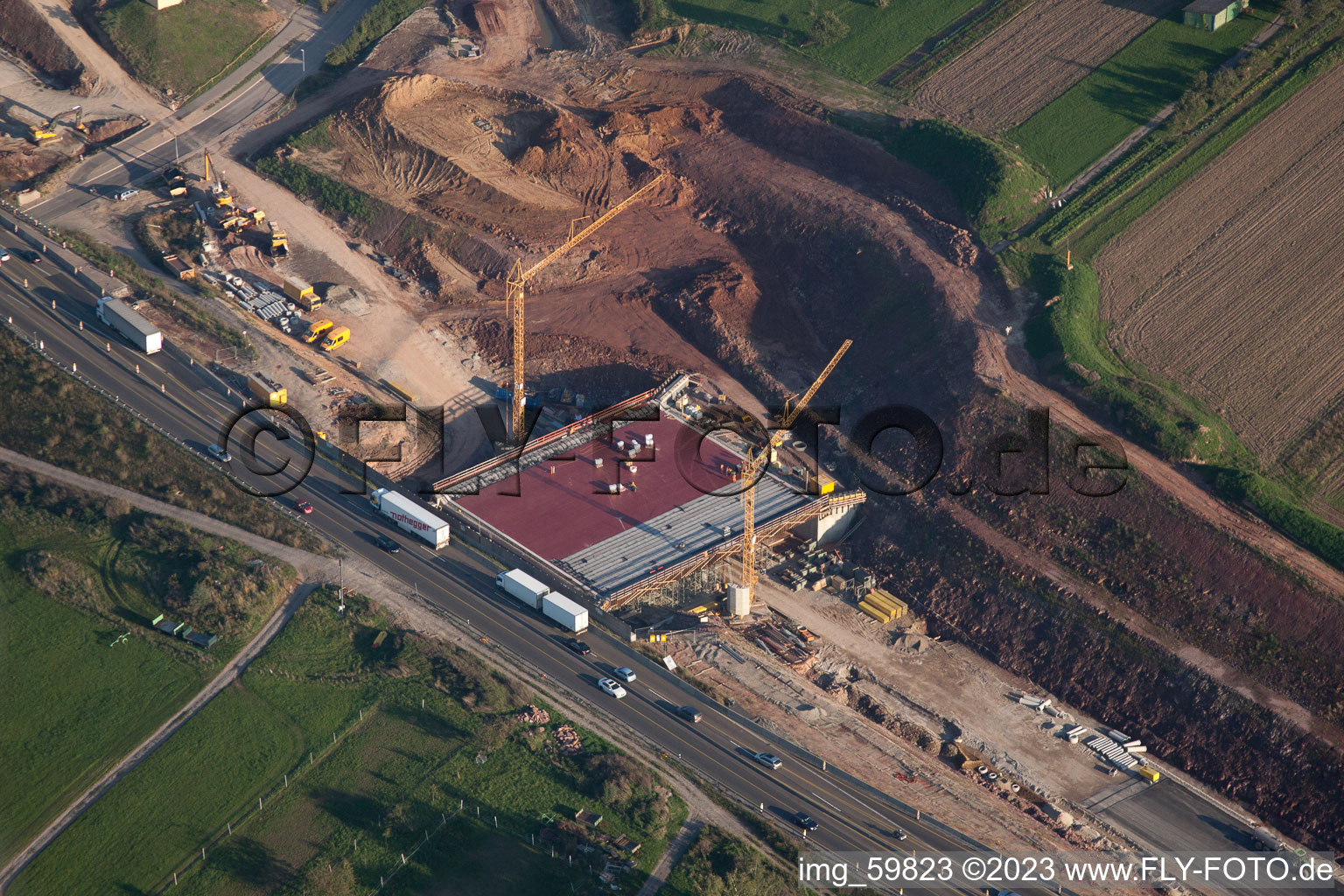 Vue aérienne de Mütschelbach, chantier A8 à le quartier Untermutschelbach in Karlsbad dans le département Bade-Wurtemberg, Allemagne