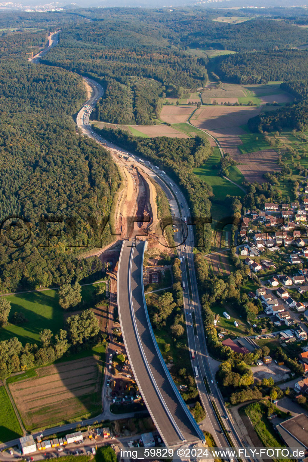 Photographie aérienne de Mütschelbach, chantier A8 à le quartier Nöttingen in Remchingen dans le département Bade-Wurtemberg, Allemagne