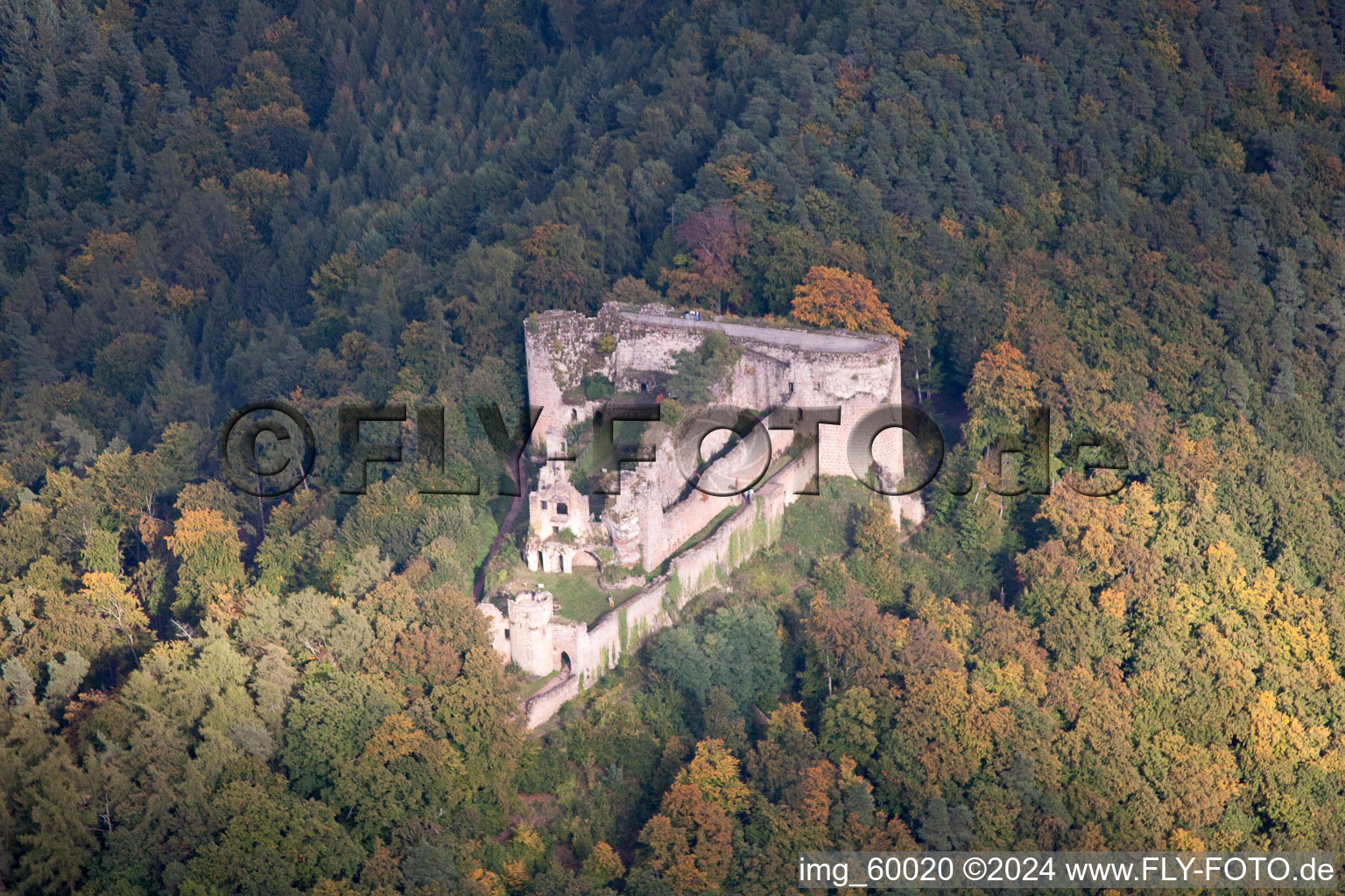 Vue oblique de Ruines de Neuscharfeneck à Dernbach dans le département Rhénanie-Palatinat, Allemagne