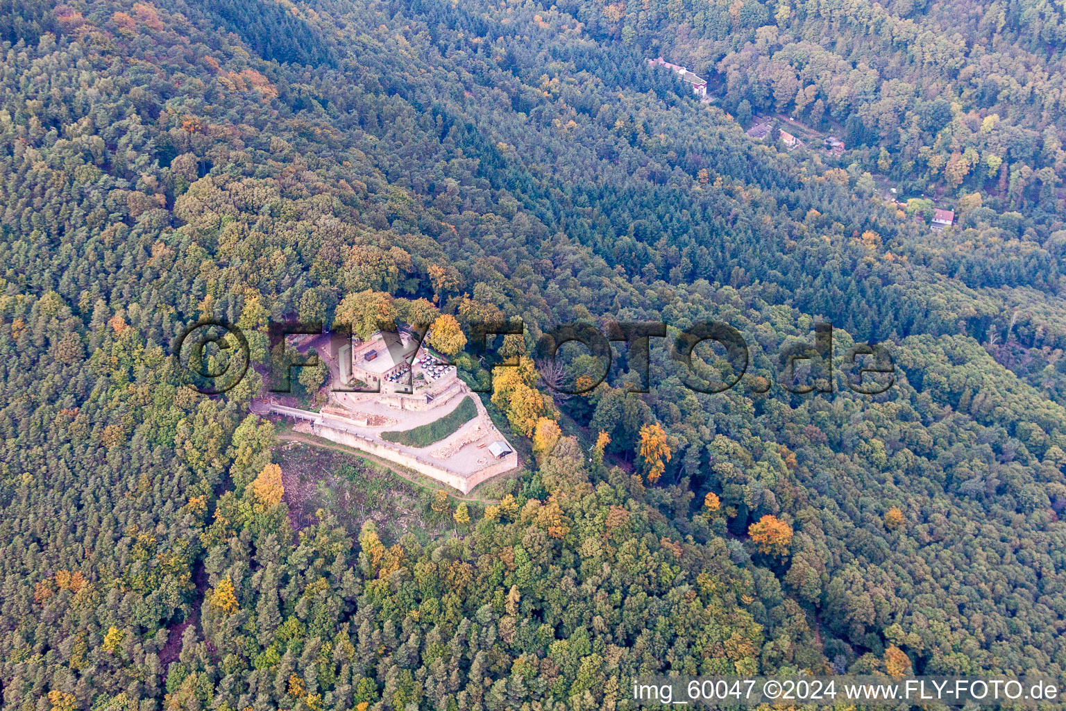 Vue aérienne de Ruines et vestiges des murs de l'ancien complexe du château de Rietburg à le quartier Rhodt in Rhodt unter Rietburg dans le département Rhénanie-Palatinat, Allemagne