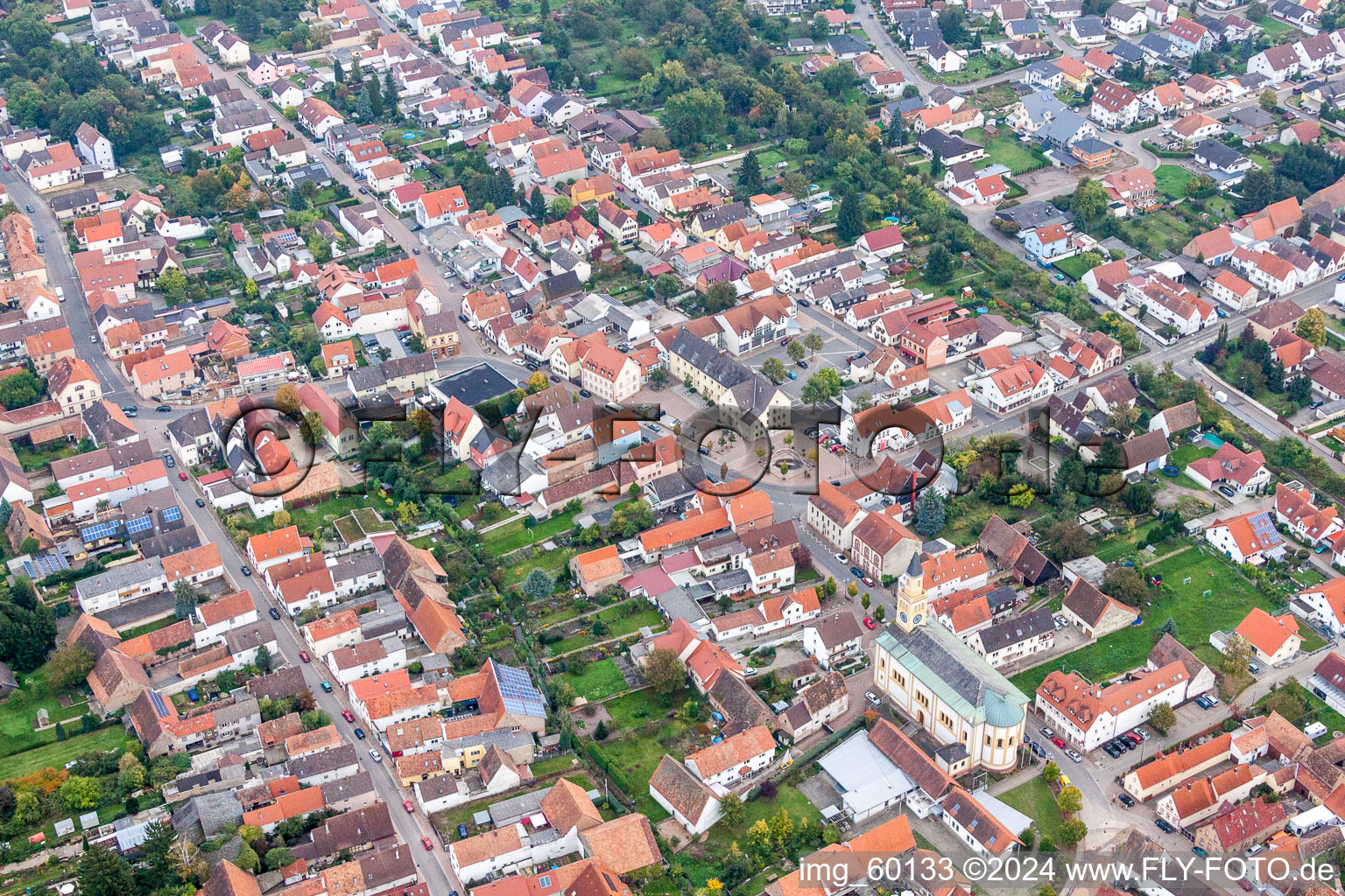 Vue aérienne de Vue des rues et des maisons des quartiers résidentiels à Lingenfeld dans le département Rhénanie-Palatinat, Allemagne