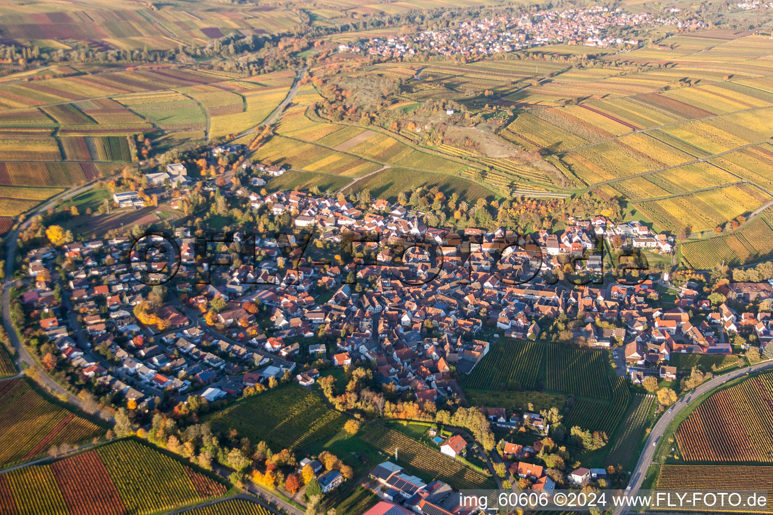 Vue aérienne de Vue des rues et des maisons des quartiers résidentiels à le quartier Ilbesheim in Ilbesheim bei Landau in der Pfalz dans le département Rhénanie-Palatinat, Allemagne