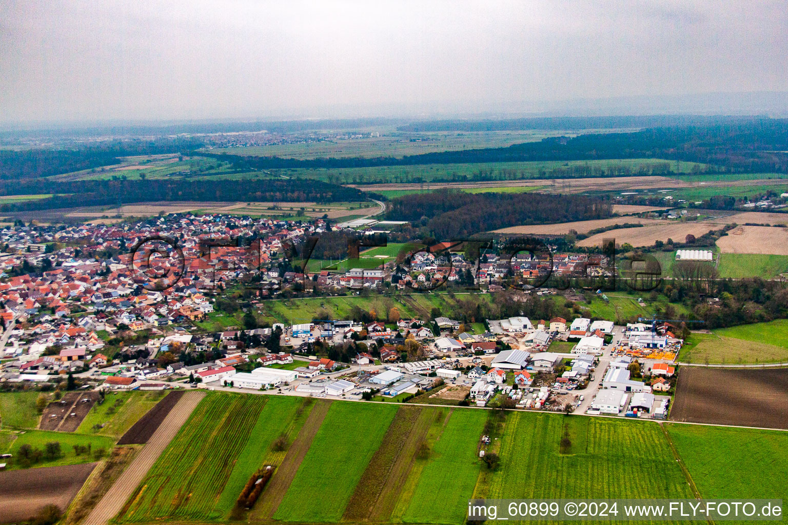 Vue aérienne de Zone commerciale Krautstückerweg à le quartier Liedolsheim in Dettenheim dans le département Bade-Wurtemberg, Allemagne