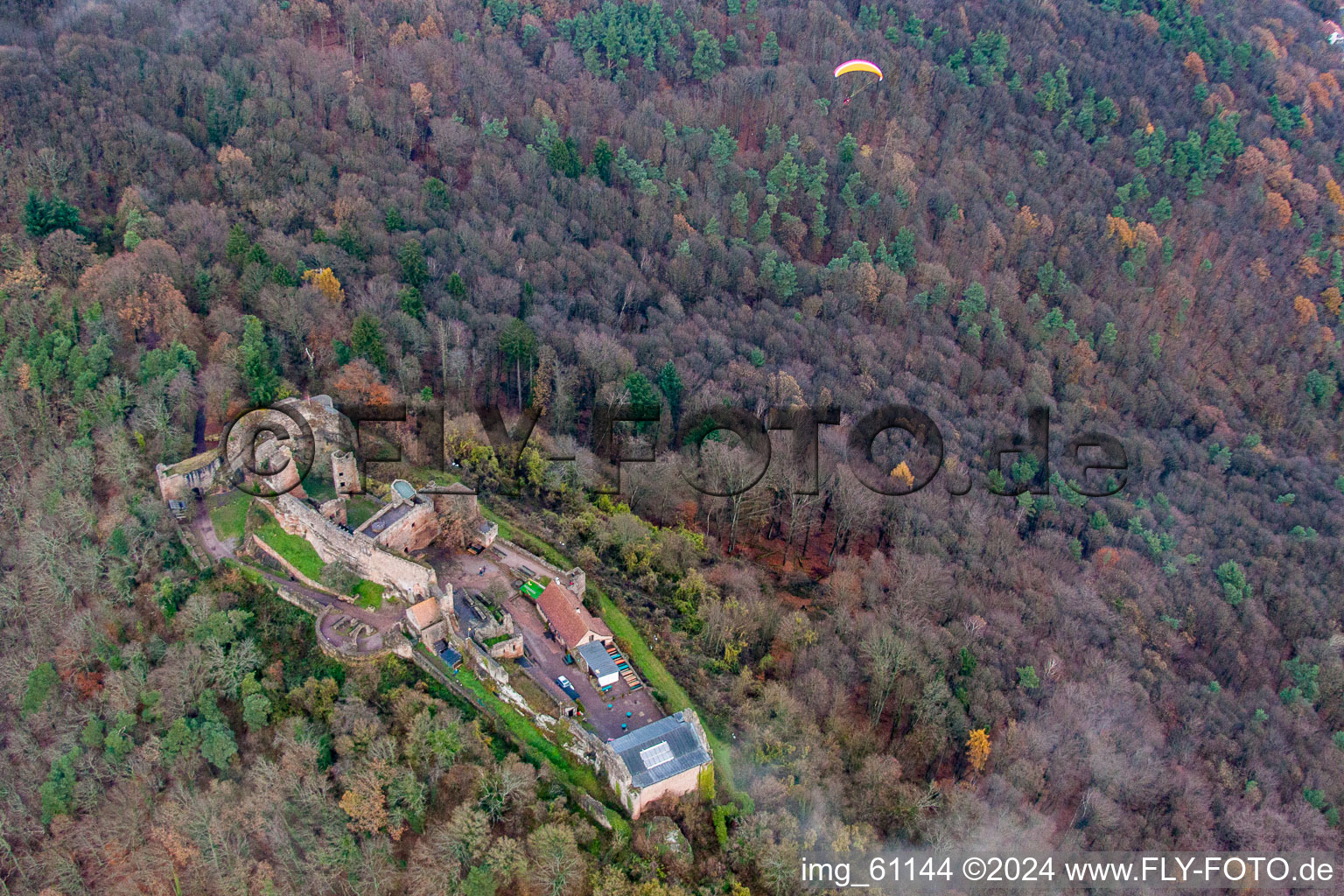 Vue aérienne de Les ruines et les vestiges des murs de l'ancien complexe du château et de la forteresse de Madenburg entourés par la forêt à Eschbach dans le département Rhénanie-Palatinat, Allemagne