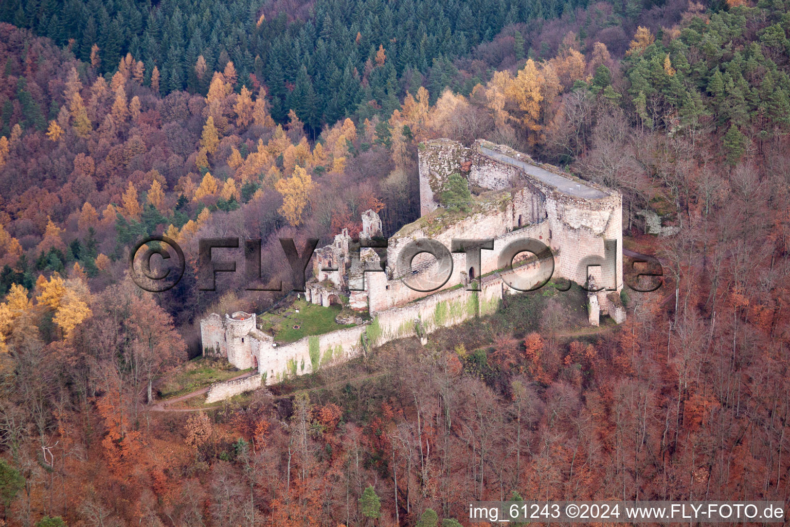 Vue aérienne de Ruines et vestiges des murs de l'ancien complexe du château et de la forteresse du château de Neuscharfeneck à Dernbach dans le département Rhénanie-Palatinat, Allemagne