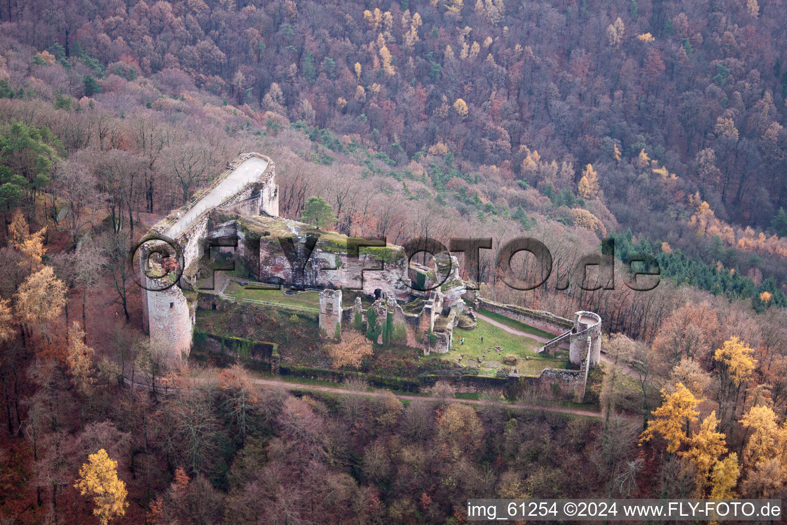 Vue aérienne de Ruines et vestiges des murs de l'ancien complexe du château à Ramberg dans le département Rhénanie-Palatinat, Allemagne