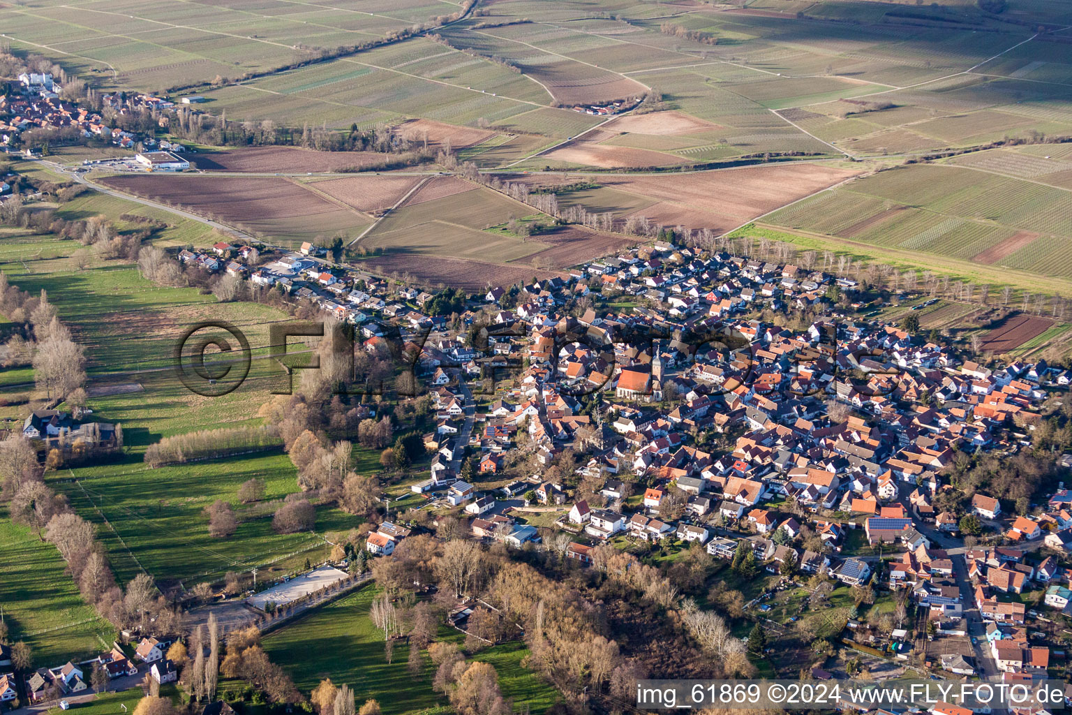 Vue des rues et des maisons des quartiers résidentiels à le quartier Ingenheim in Billigheim-Ingenheim dans le département Rhénanie-Palatinat, Allemagne vue du ciel