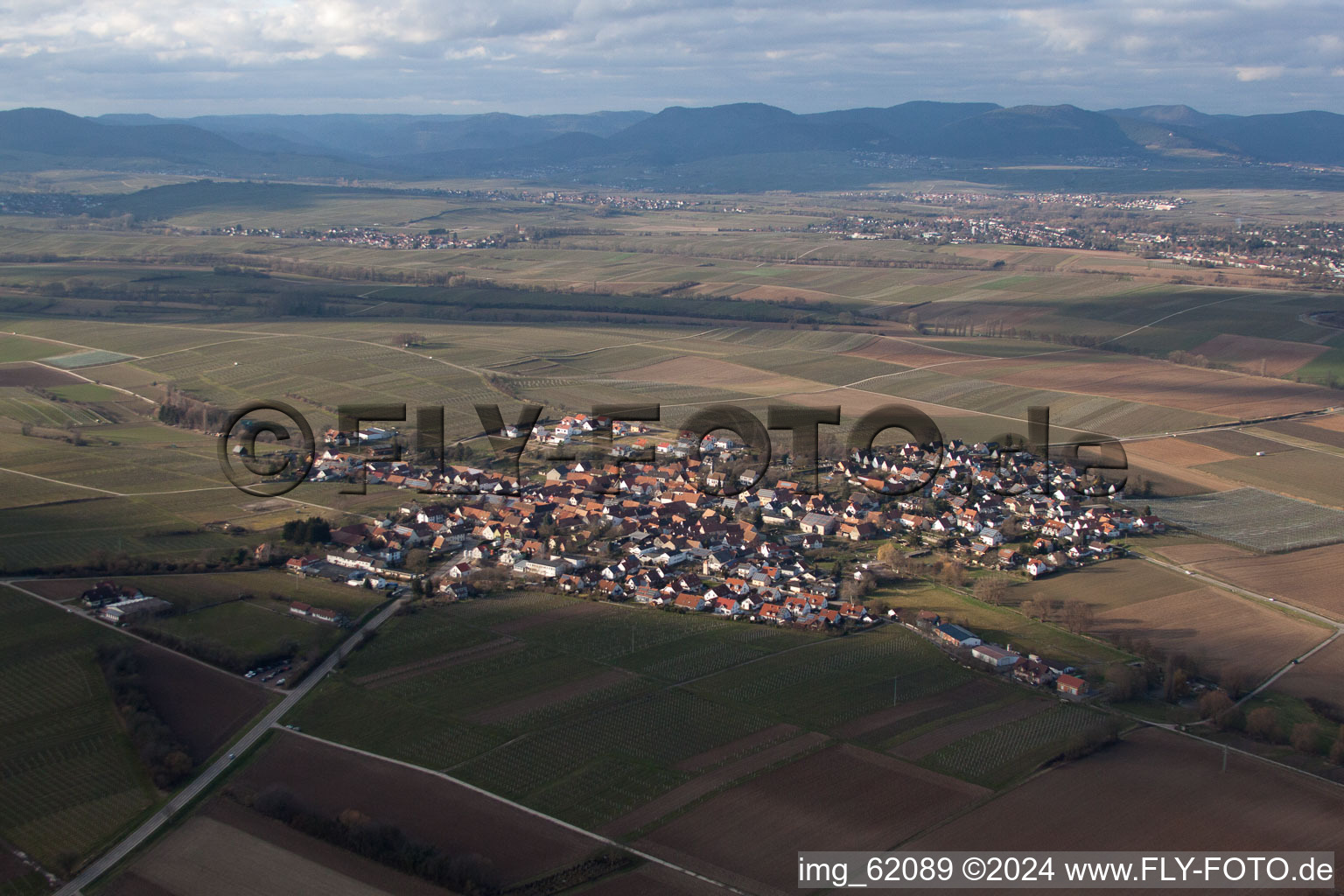 Vue aérienne de Champs et devant le Haardtrand de la forêt du Palatinat à Impflingen dans le département Rhénanie-Palatinat, Allemagne