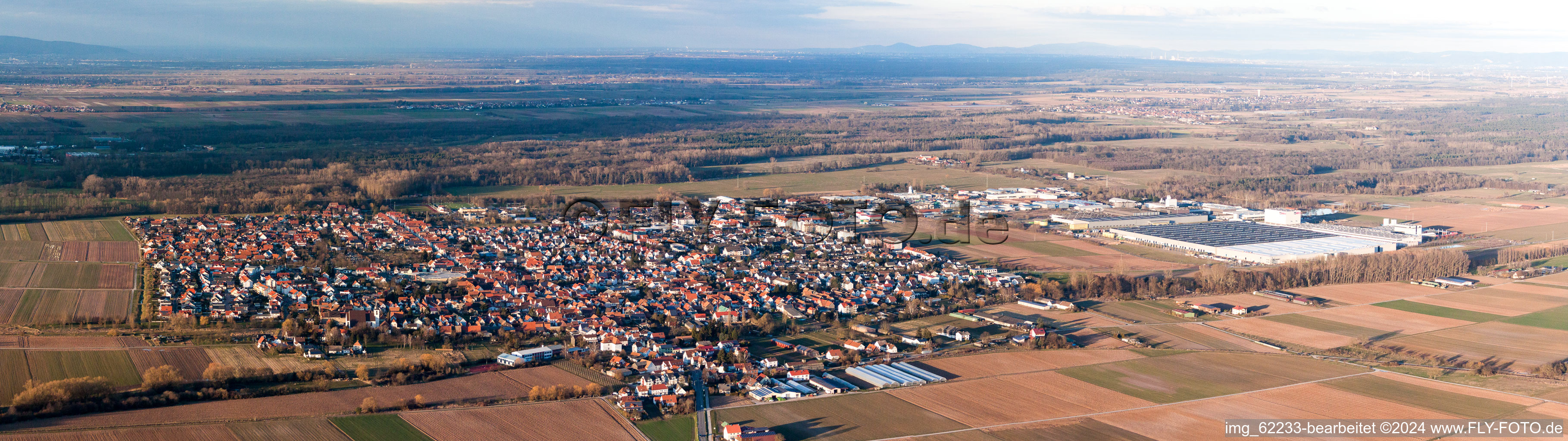 Vue aérienne de Panorama - vue en perspective des rues et des maisons des quartiers résidentiels à Offenbach an der Queich dans le département Rhénanie-Palatinat, Allemagne