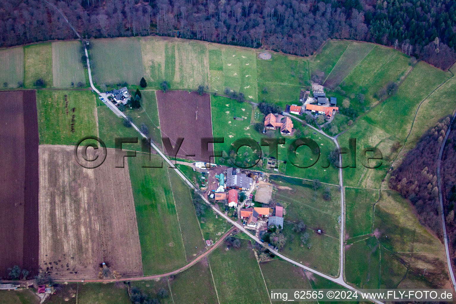 Vue oblique de Rimmelsbacher Hof à le quartier Völkersbach in Malsch dans le département Bade-Wurtemberg, Allemagne