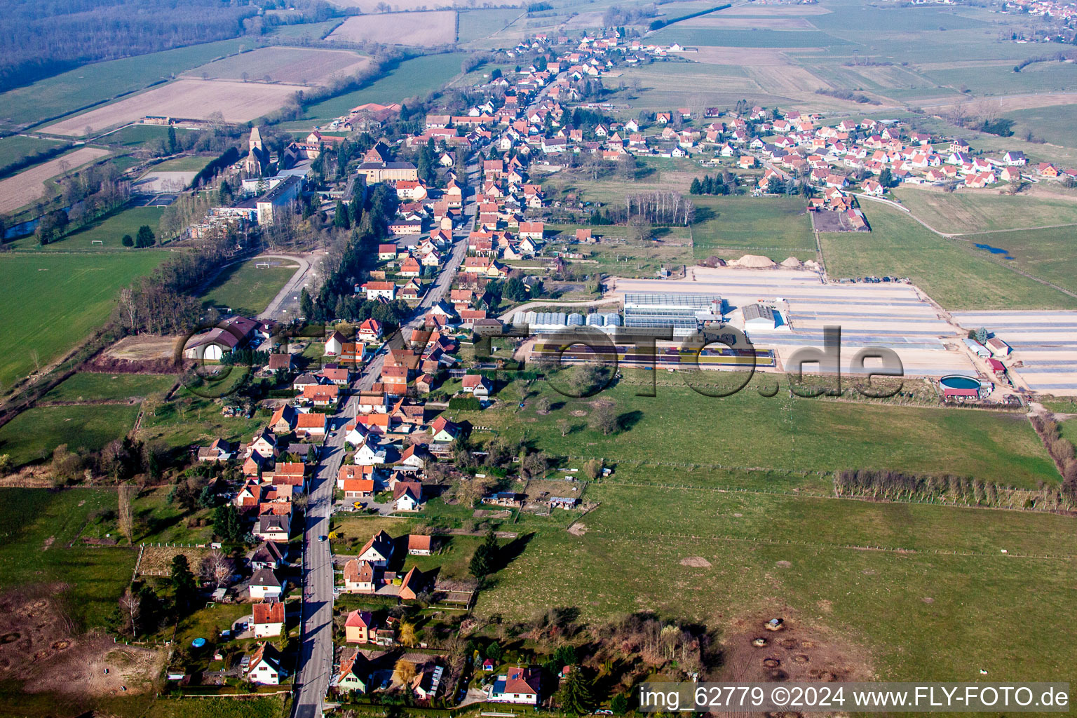 Vue aérienne de Champs agricoles et surfaces utilisables à Walbourg dans le département Bas Rhin, France