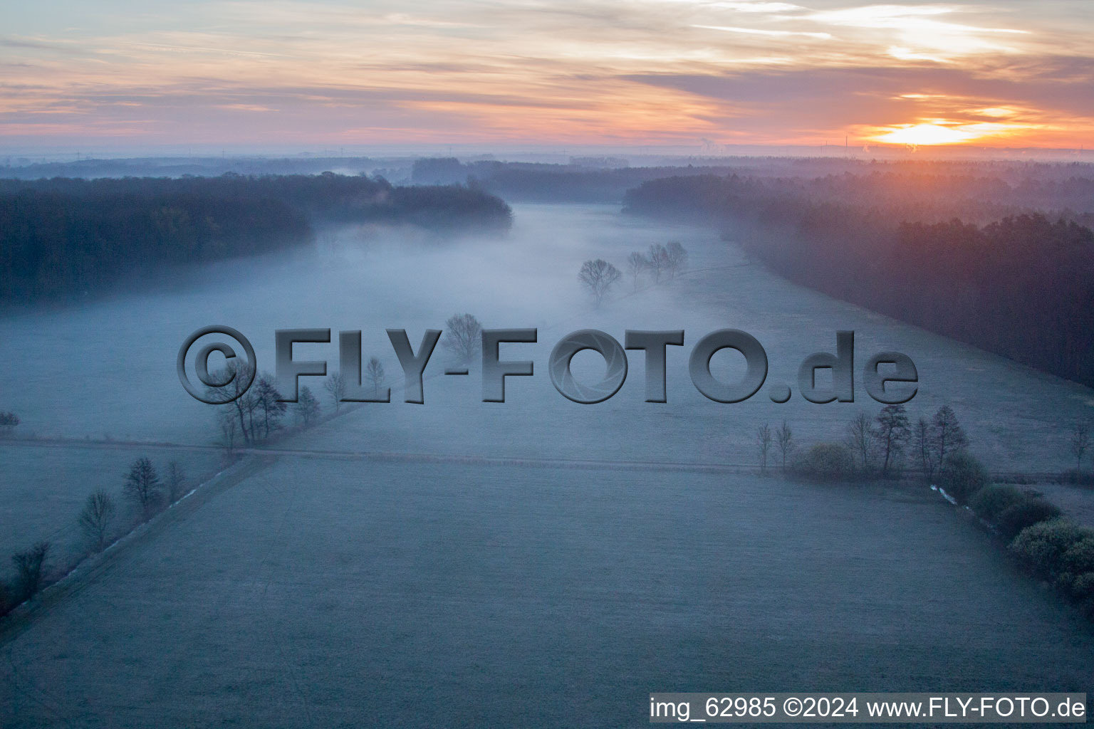 Vue aérienne de Brume matinale au lever du soleil sur des structures herbeuses dans un paysage de champs et de prairies à Otterbachtal à Minfeld dans le département Rhénanie-Palatinat, Allemagne