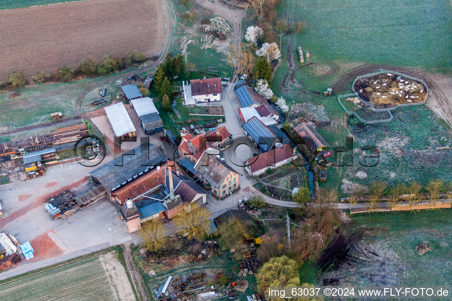 Vue aérienne de Moulin Schaidter avec boiseries ORTH Gerd Sütterlin eK à le quartier Schaidt in Wörth am Rhein dans le département Rhénanie-Palatinat, Allemagne