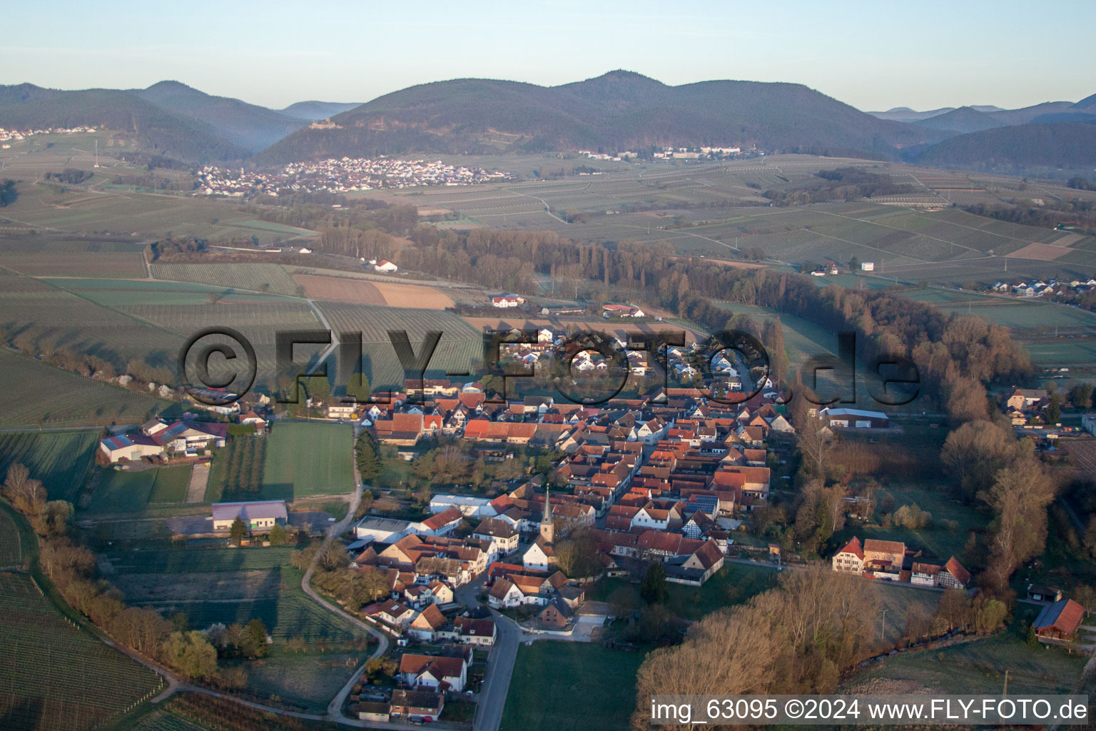 Vue aérienne de Champs et vignobles avec en toile de fond le Haardtrand de la forêt du Palatinat à le quartier Klingen in Heuchelheim-Klingen dans le département Rhénanie-Palatinat, Allemagne