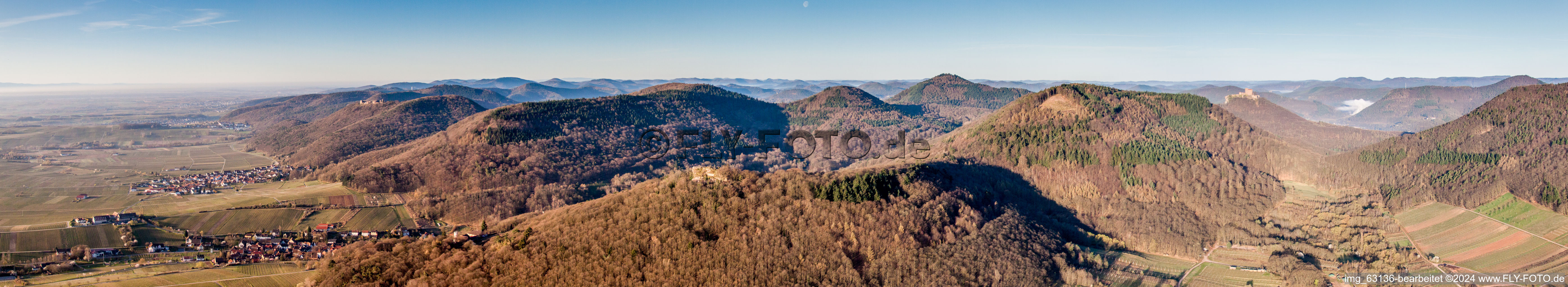 Vue aérienne de Panorama du Haardtrand de la forêt du Palatinat avec village - vue entre vignes à Ranschbach dans le département Rhénanie-Palatinat, Allemagne