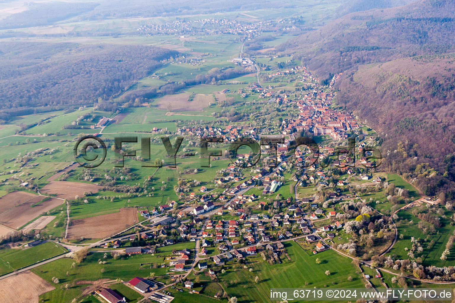 Vue aérienne de Champs agricoles et surfaces utilisables à Oberbronn dans le département Bas Rhin, France