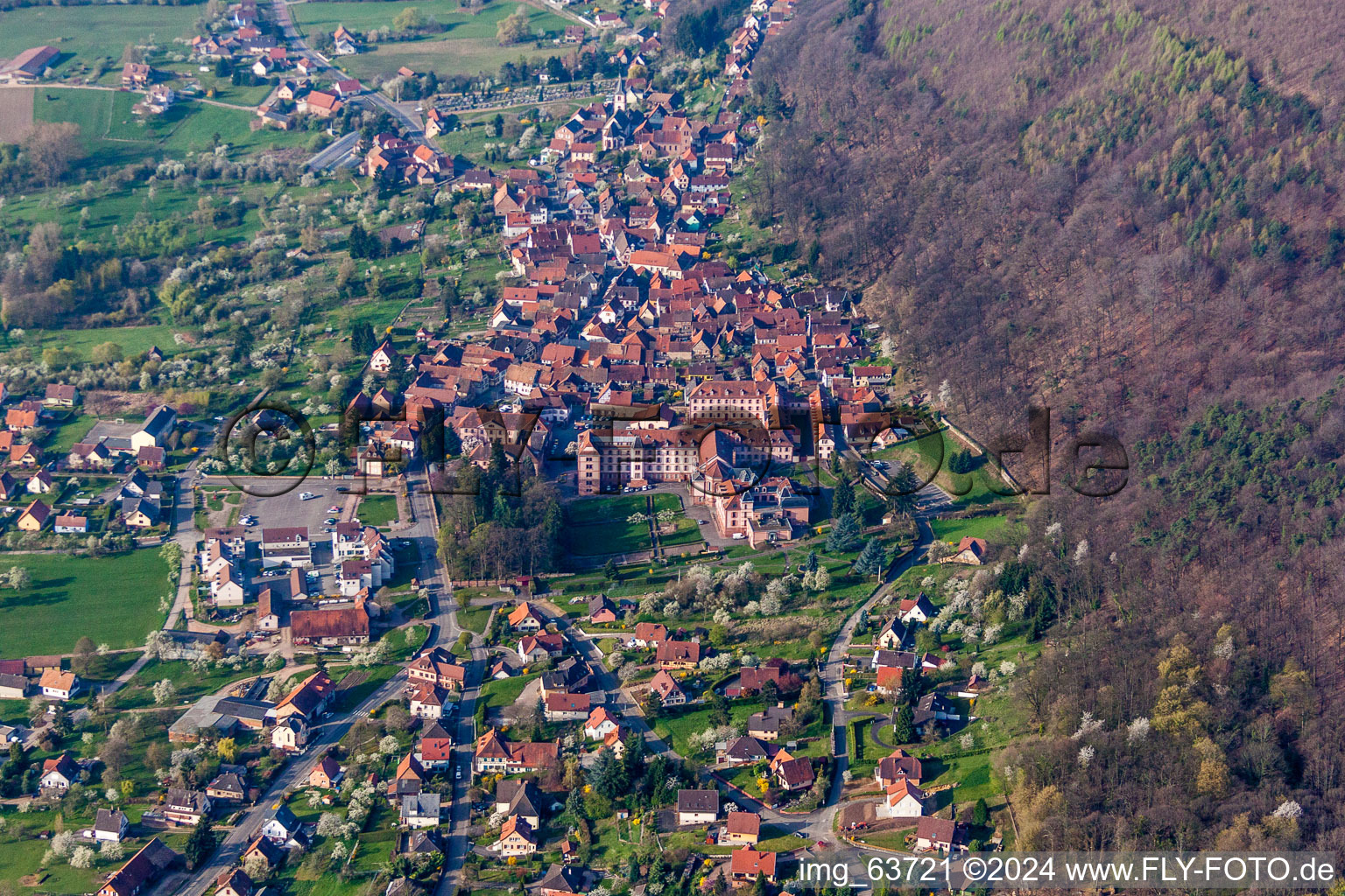 Vue aérienne de Vue des rues et des maisons des quartiers résidentiels à Oberbronn dans le département Bas Rhin, France