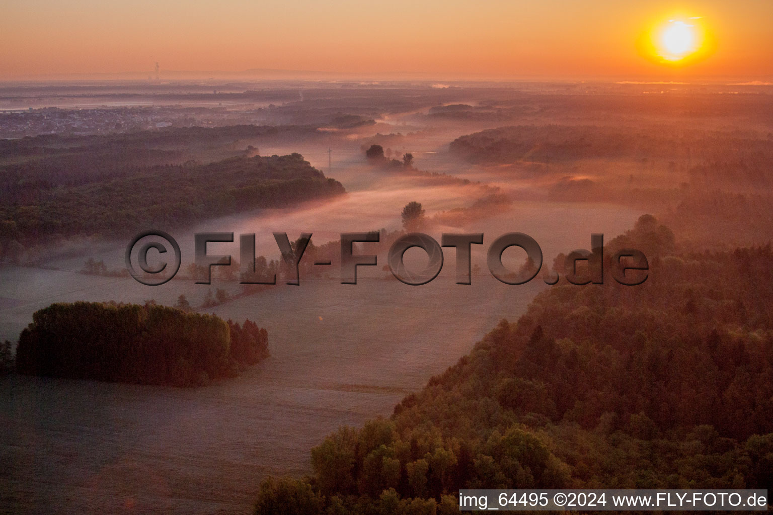 Vue oblique de Brume matinale au lever du soleil sur des structures herbeuses dans un paysage de champs et de prairies à Otterbachtal à Minfeld dans le département Rhénanie-Palatinat, Allemagne