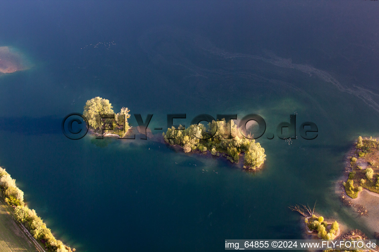 Photographie aérienne de Île lacustre sur l'étang de la carrière de Streitköpfle à Linkenheim-Hochstetten dans le département Bade-Wurtemberg, Allemagne