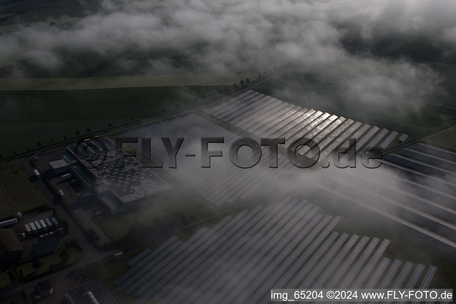 Vue oblique de En raison des conditions météorologiques, des rangées de panneaux du système photovoltaïque du parc solaire ou de la centrale solaire sont encastrées dans une couche de brouillard à le quartier Bredenborn in Marienmünster dans le département Rhénanie du Nord-Westphalie, Allemagne