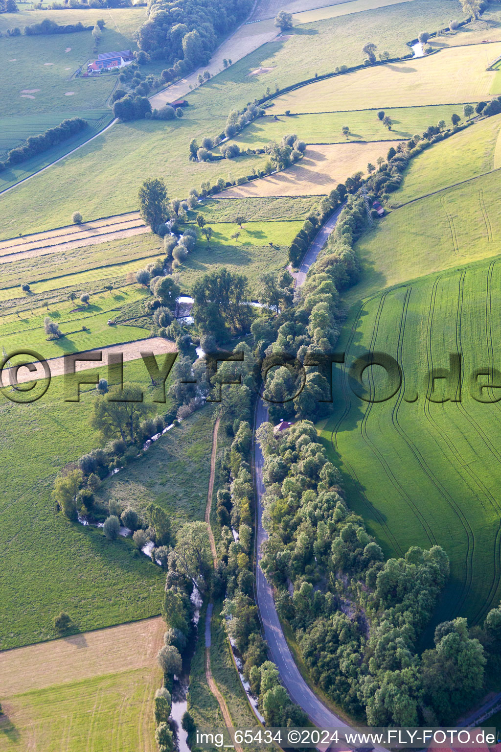 Vue aérienne de Cours du Nethe à le quartier Erkeln in Brakel dans le département Rhénanie du Nord-Westphalie, Allemagne