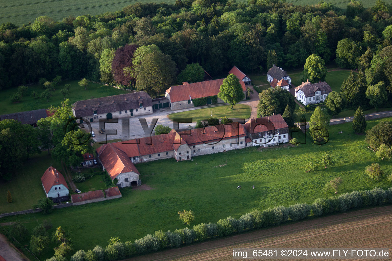 Vue aérienne de Propriété d'une ferme en bordure de champs cultivés dans le quartier d'Abbenburg à le quartier Bökendorf in Brakel dans le département Rhénanie du Nord-Westphalie, Allemagne