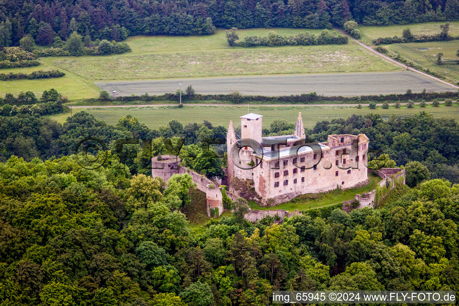 Vue aérienne de Complexe du château du Veste Leuchtenburg Burgstall (site du château) en Trimberg à le quartier Trimberg in Elfershausen dans le département Bavière, Allemagne