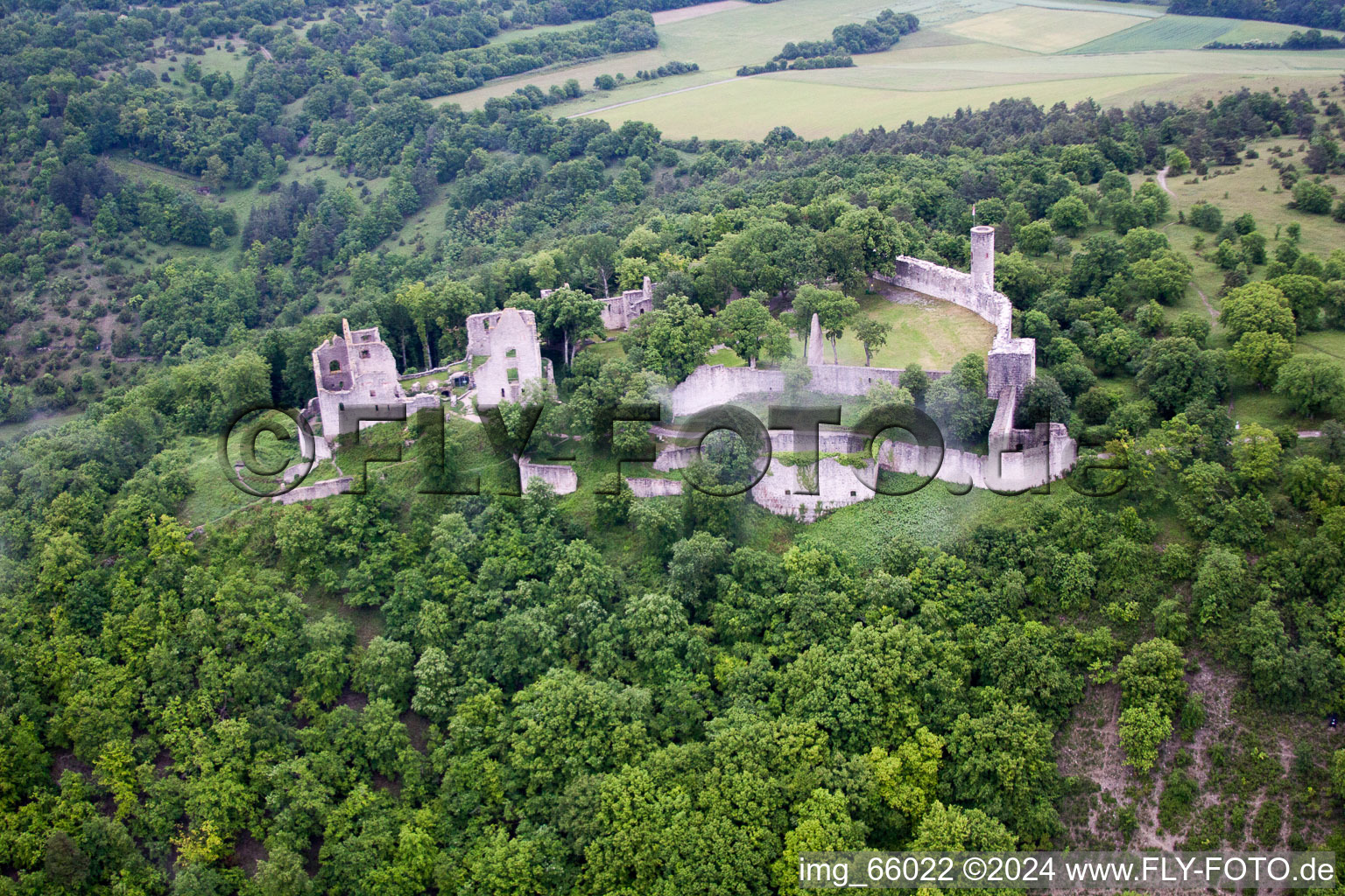 Vue aérienne de Les ruines du château de Homburg entourées de forêt à Gössenheim à Gössenheim dans le département Bavière, Allemagne