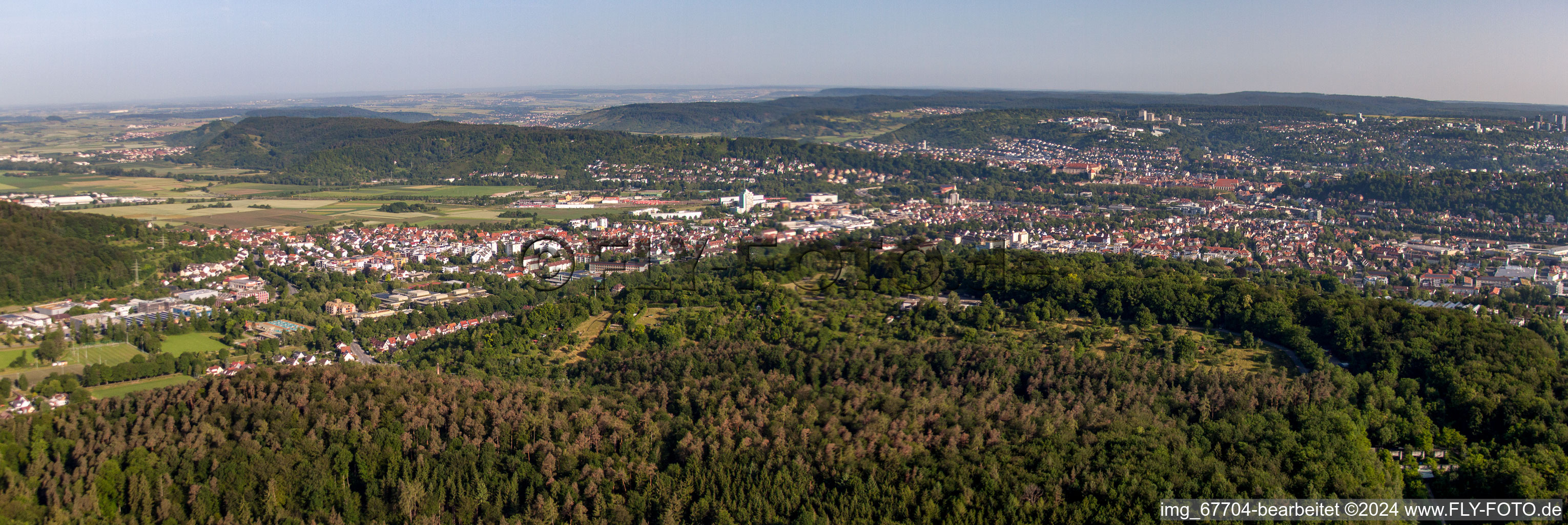 Vue aérienne de Vue panoramique en perspective des rues et des maisons des quartiers résidentiels à Tübingen dans le département Bade-Wurtemberg, Allemagne