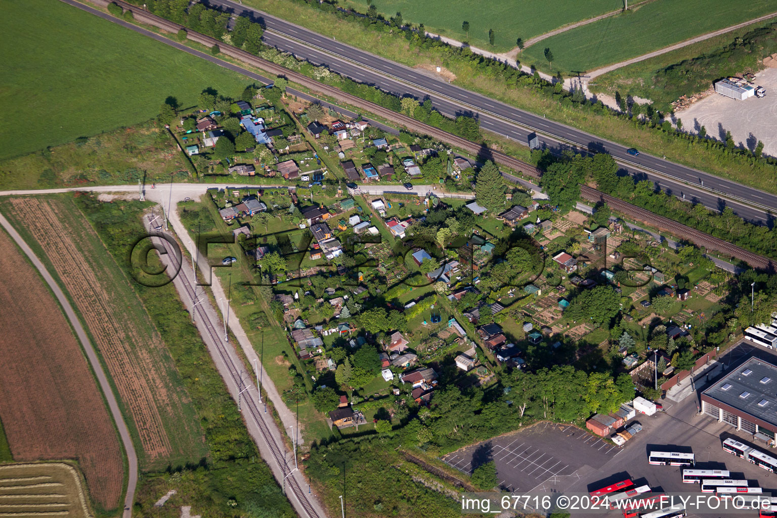 Vue aérienne de Jardins familiaux sur la B28 à le quartier Derendingen in Tübingen dans le département Bade-Wurtemberg, Allemagne