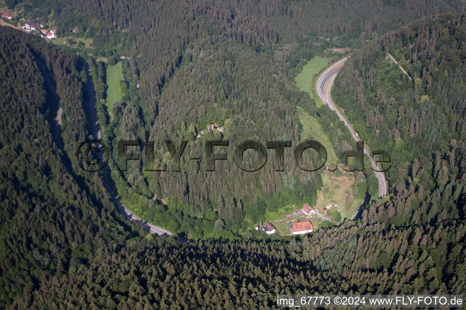 Vue aérienne de Ruines et vestiges des murs de l'ancien château et forteresse de Waldeck dans le Nagoldtal. Sur la photo également, la résidence pour seniors Waldecker Hof entourée de forêt à le quartier Alzenberg in Calw dans le département Bade-Wurtemberg, Allemagne