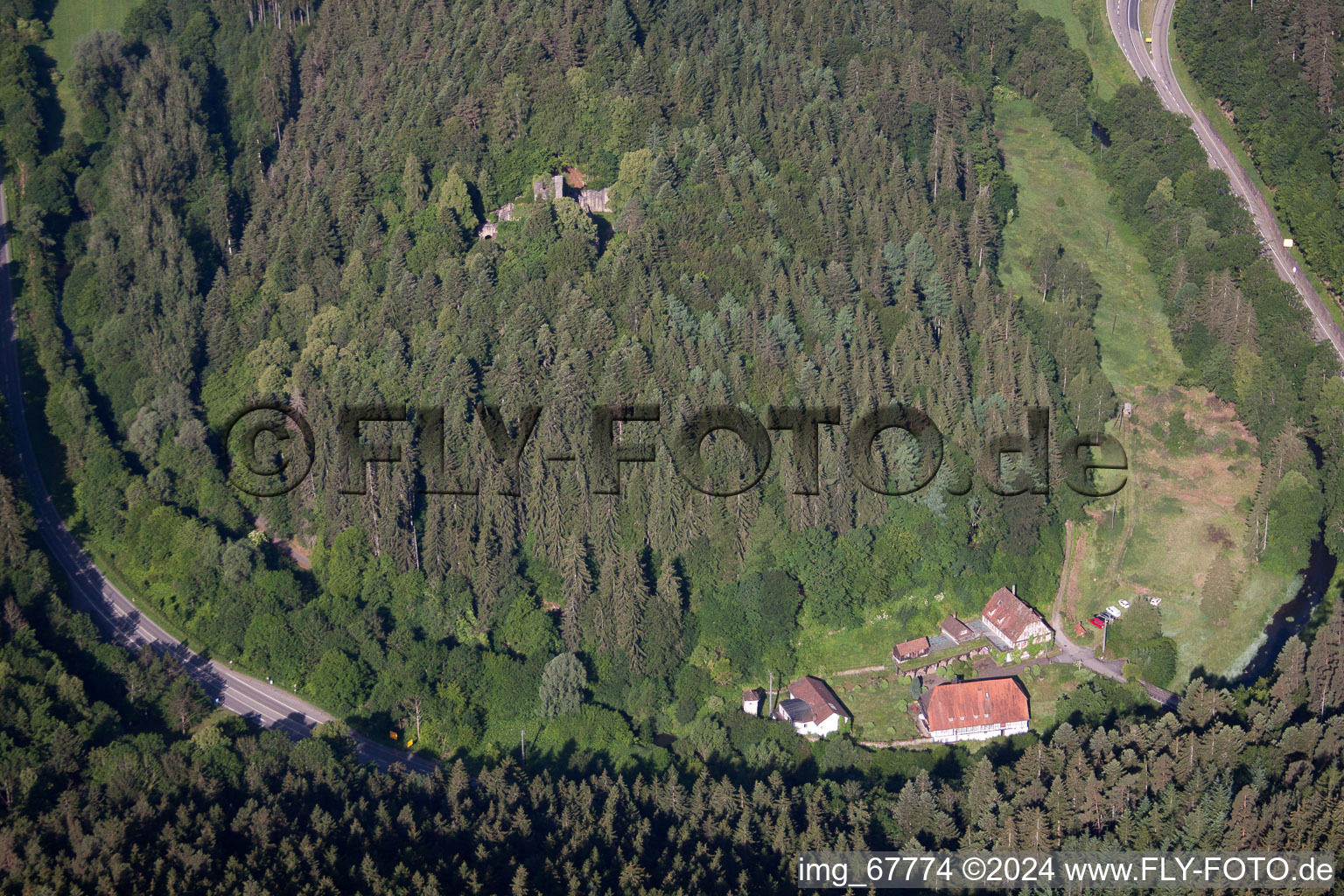 Vue aérienne de Ruines et vestiges des murs de l'ancien château et forteresse de Waldeck dans le Nagoldtal. Sur la photo également, la résidence pour seniors Waldecker Hof entourée de forêt à le quartier Holzbronn in Calw dans le département Bade-Wurtemberg, Allemagne