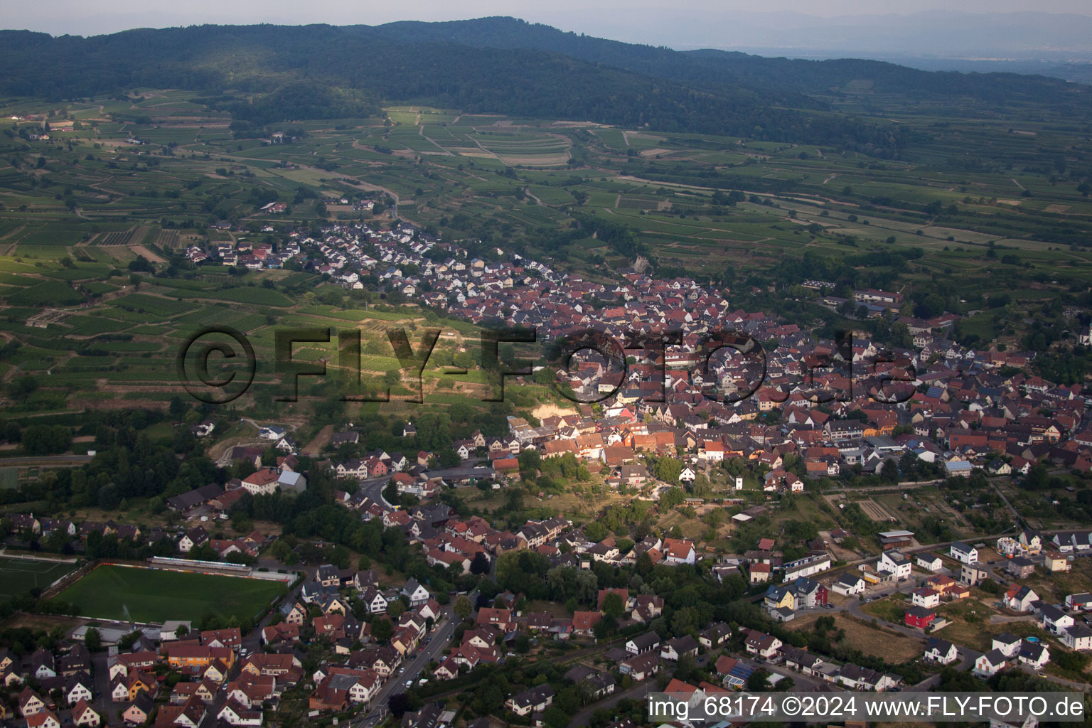 Vue aérienne de Vue des rues et des maisons des quartiers résidentiels à Bahlingen am Kaiserstuhl dans le département Bade-Wurtemberg, Allemagne