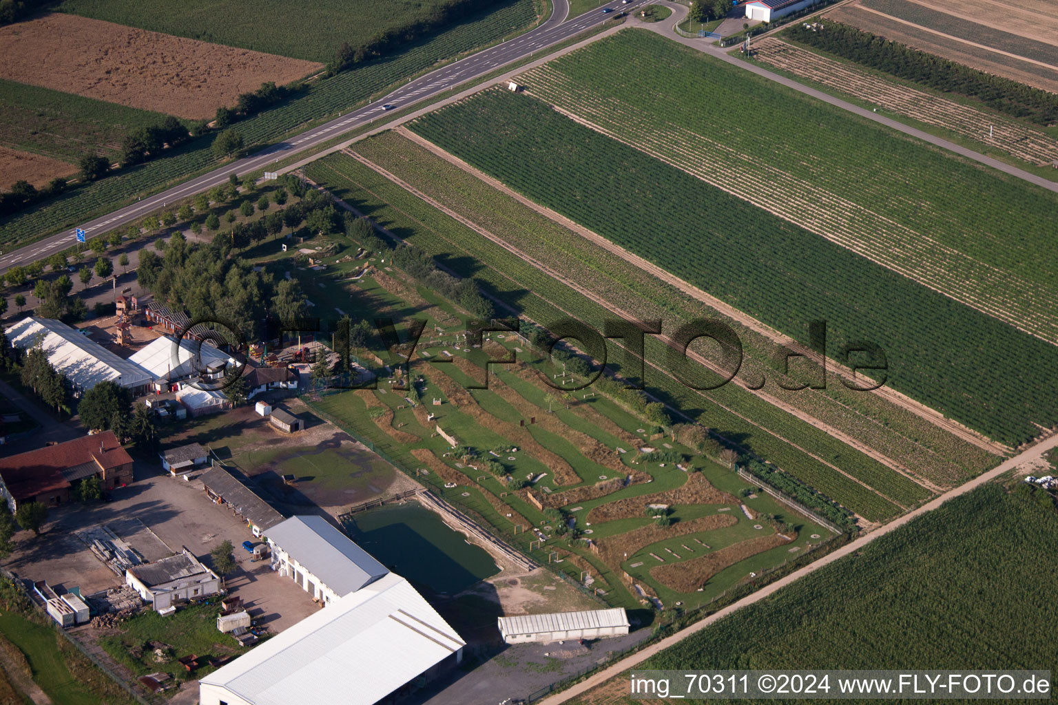 Terrain de golf à pied d'Adamshof à Kandel dans le département Rhénanie-Palatinat, Allemagne du point de vue du drone