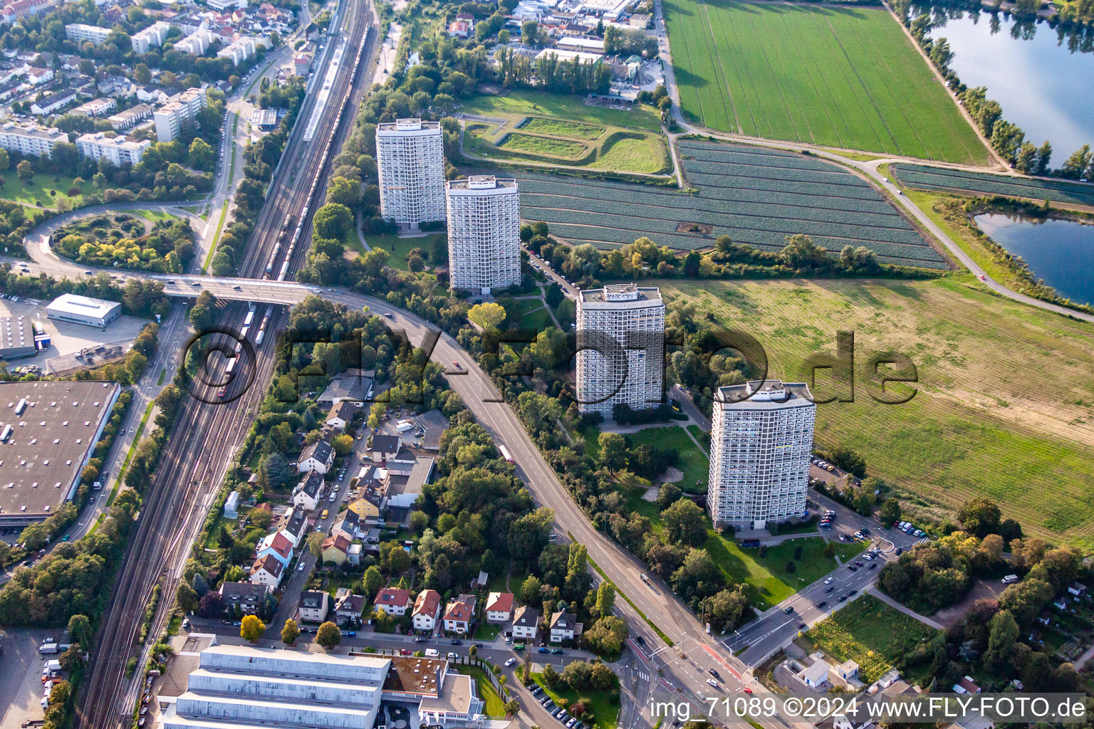 Vue aérienne de Immeubles de grande hauteur sur la Froschlache à le quartier Friesenheim in Ludwigshafen am Rhein dans le département Rhénanie-Palatinat, Allemagne