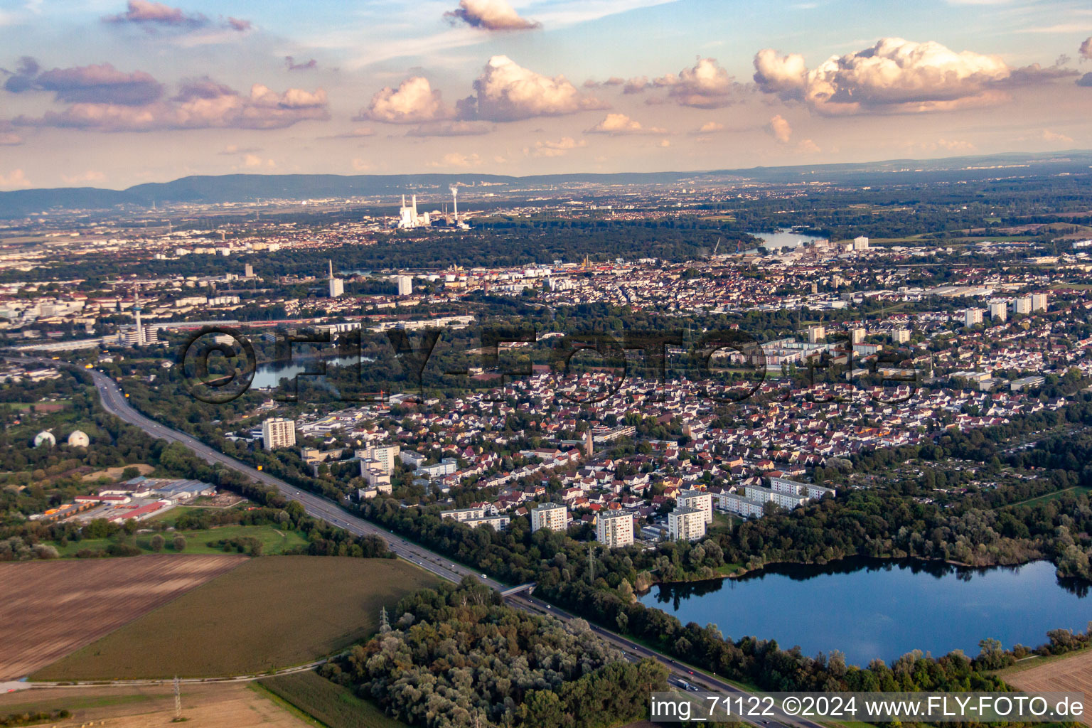 Vue aérienne de Derrière l'étang Holschen à le quartier Gartenstadt in Ludwigshafen am Rhein dans le département Rhénanie-Palatinat, Allemagne