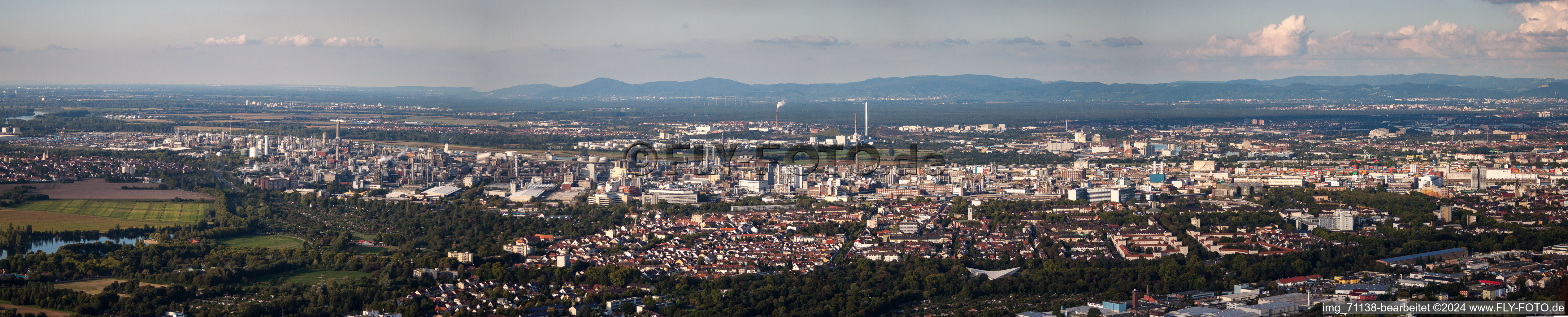 Vue aérienne de Panorama - perspective des locaux de l'usine du producteur chimique BASF en arrière-plan du quartier de Friesenheim à le quartier Oppau in Ludwigshafen am Rhein dans le département Rhénanie-Palatinat, Allemagne