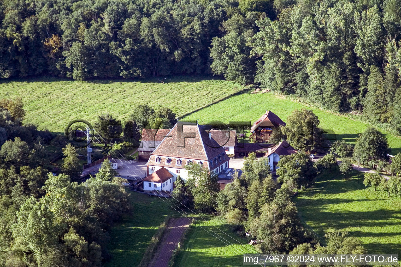Vue aérienne de Moulin à eau historique sur la ferme d'une ferme en bordure de champs cultivés dans le quartier Bienwaldmühle de Scheibenhardt à Bienwaldmühle dans le département Rhénanie-Palatinat, Allemagne